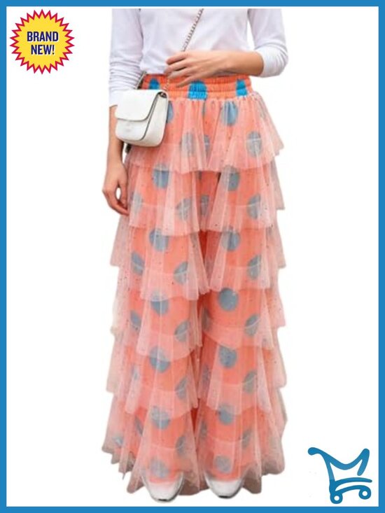 Pants - Women Wide Leg Striped Mesh Layered Palazzo Pants High Waist Elastic